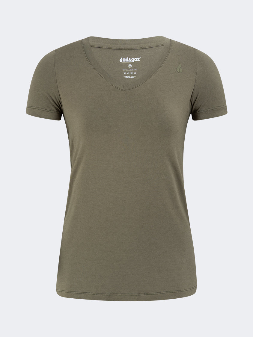 Oil And Gaz V Neck Women Lifestyle T-Shirt Olive