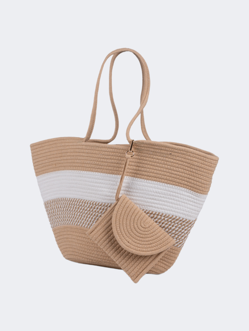 Oil And Gaz Functional Women Ribbed Beach Bag Khaki/White