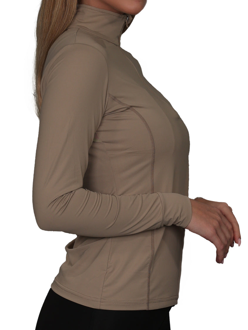 Oil And Gaz Round Neck Half Zip Women Fitness Long Sleeve  Beige