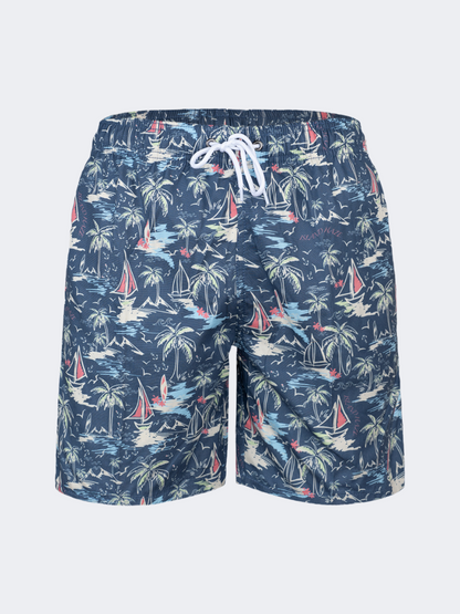 Oil &amp; Gaz Comfortable Men Beach Ship Sail Print Swim Short Navy