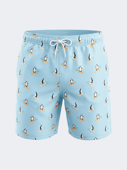 Oil &amp; Gaz Comfortable Men Beach Penguin Print Swim Short Light Blue