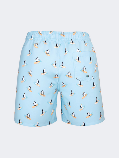 Oil &amp; Gaz Comfortable Men Beach Penguin Print Swim Short Light Blue