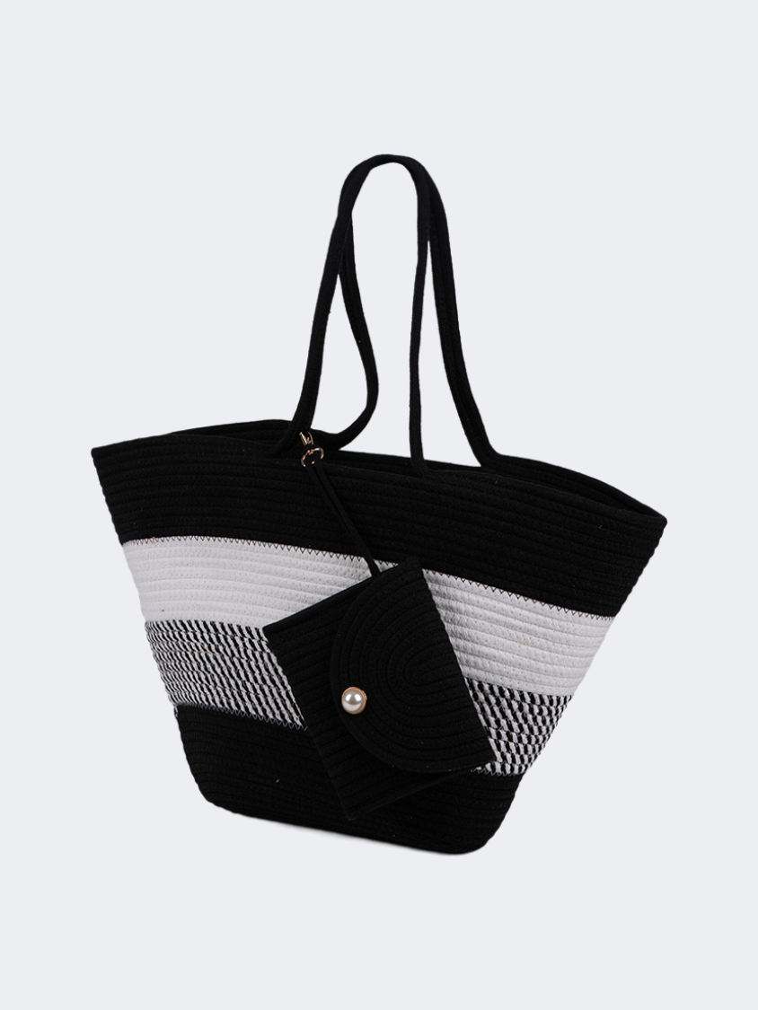 Oil And Gaz Functional Women Ribbed Beach Bag  Black/White