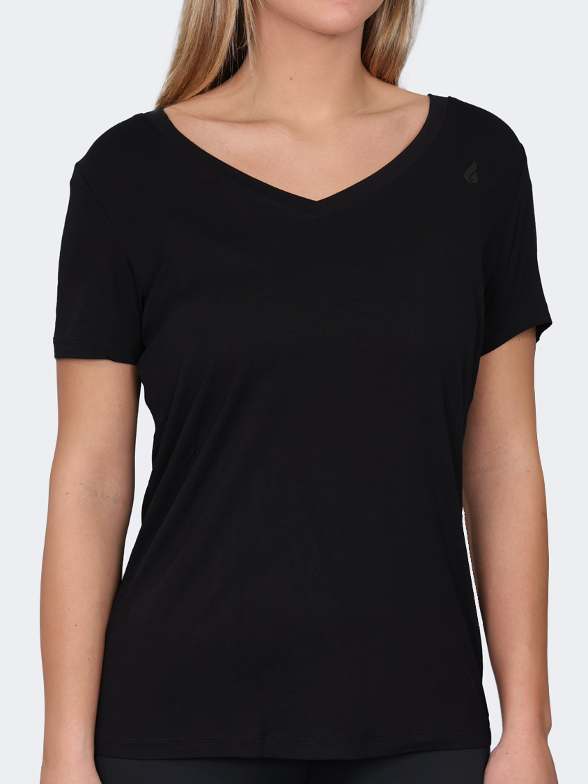 Oil And Gaz V Neck Plain Regular Fit Women Lifestyle T-Shirt Black