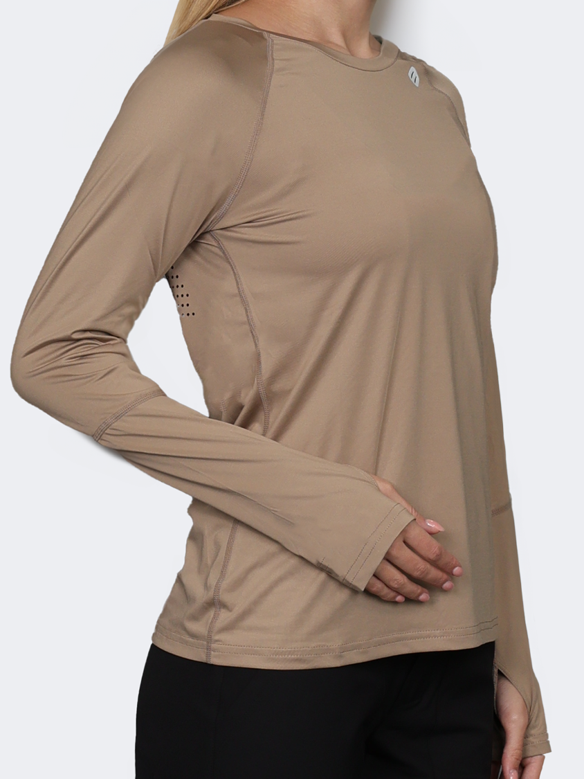 Oil And Gaz Round Neck Women Fitness Long Sleeve  Beige