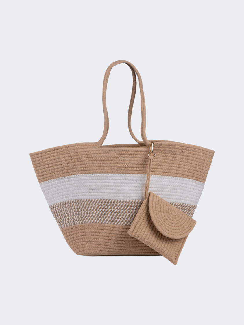 Oil And Gaz Functional Women Ribbed Beach Bag Khaki/White