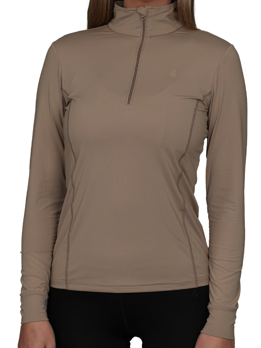 Oil And Gaz Round Neck Half Zip Women Fitness Long Sleeve  Beige