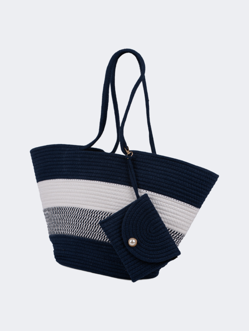 Oil And Gaz Functional Women Ribbed Beach Bag  Navy/White