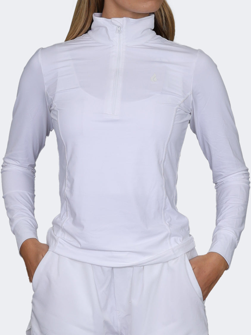 Oil And Gaz Round Neck Half Zip Women Fitness Long Sleeve White