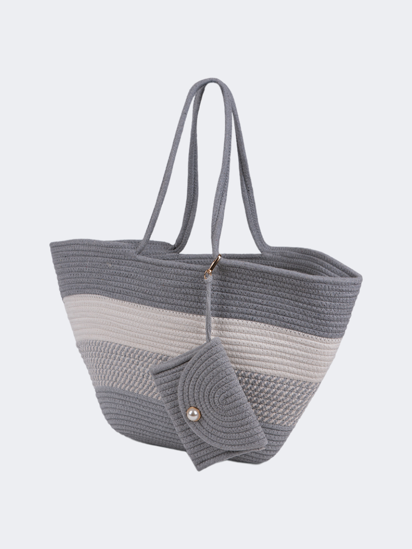 Oil And Gaz Functional Women Ribbed Beach Bag  Grey/White