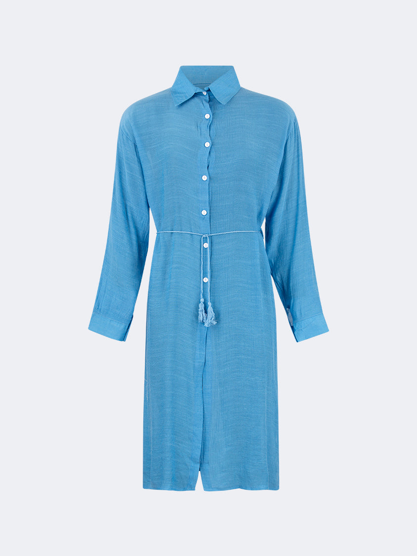 Oil And Gaz Chic Women Beach Linnen Dress Ls Blue