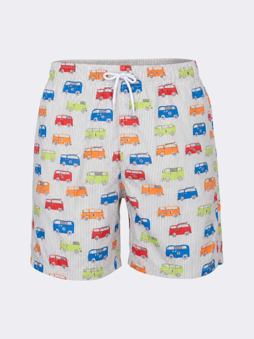 Oil &amp; Gaz Comfortable Men Beach Cars Print Swim Short White